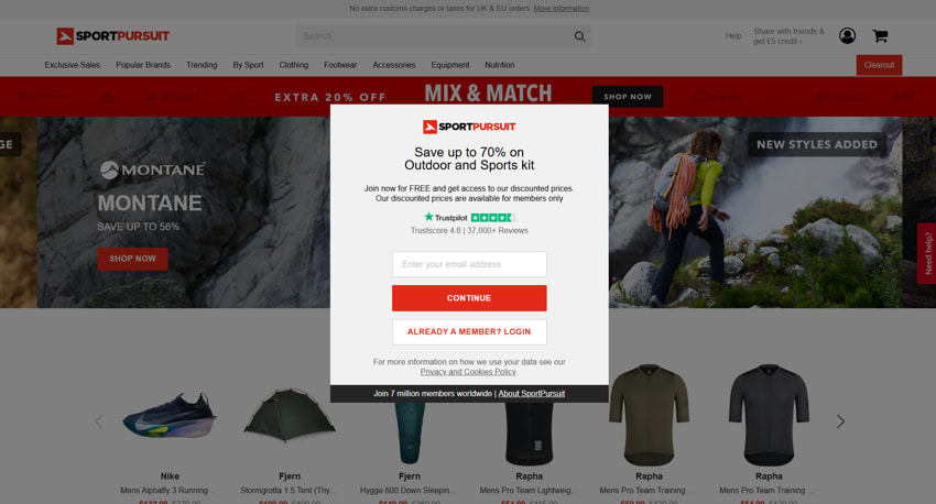 SportPursuit email pop up screenshot